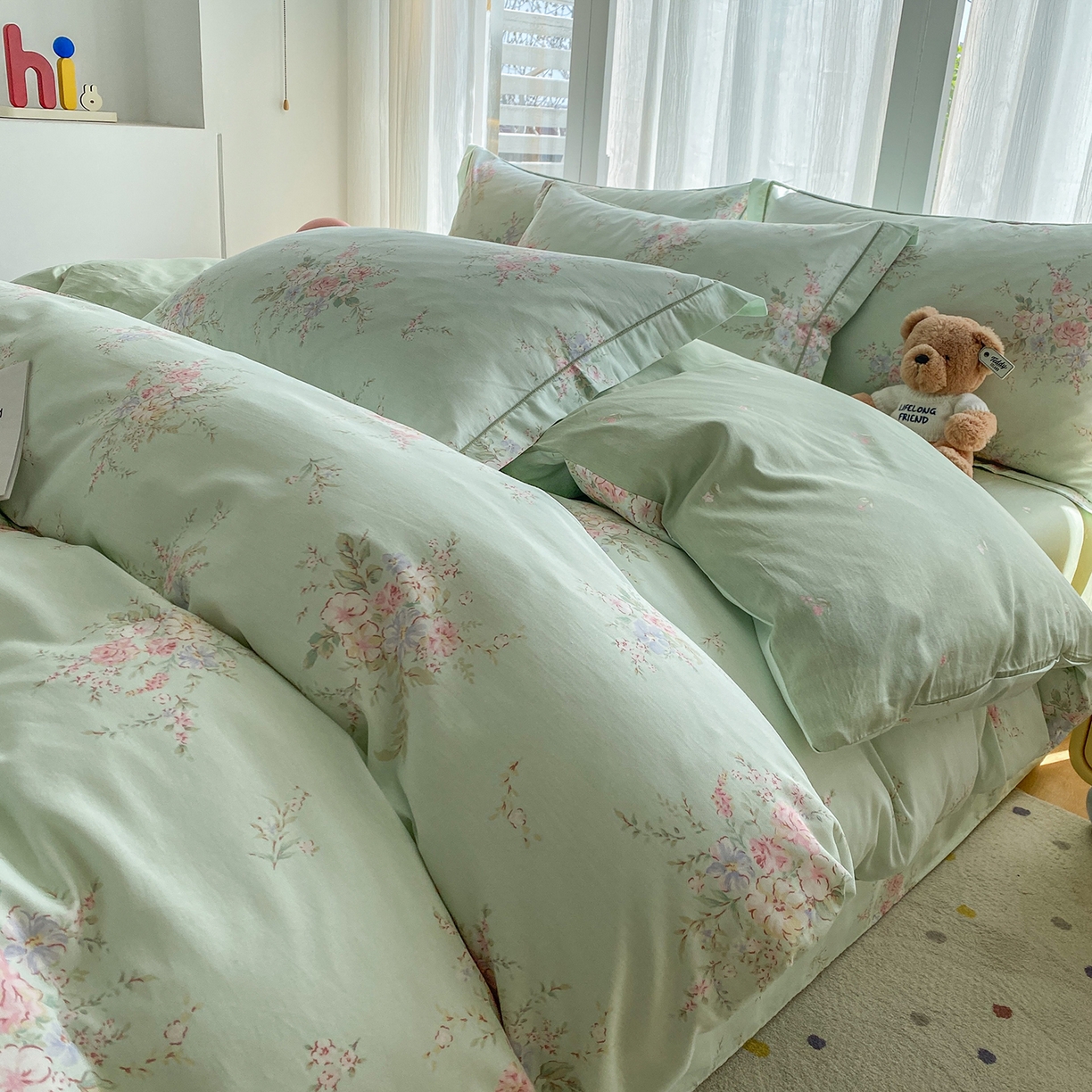 91家纺网 家纺一手货源 找家纺 钰锦铂2026新款直播爆款全棉四件套13070吊边床单一字绣印花纯棉三件套四件套 江南小调—绿