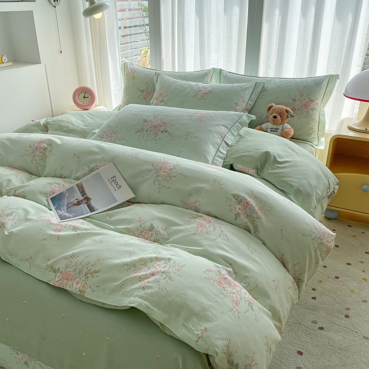 91家纺网 家纺一手货源 找家纺 钰锦铂2026新款直播爆款全棉四件套13070吊边床单一字绣印花纯棉三件套四件套 江南小调—绿