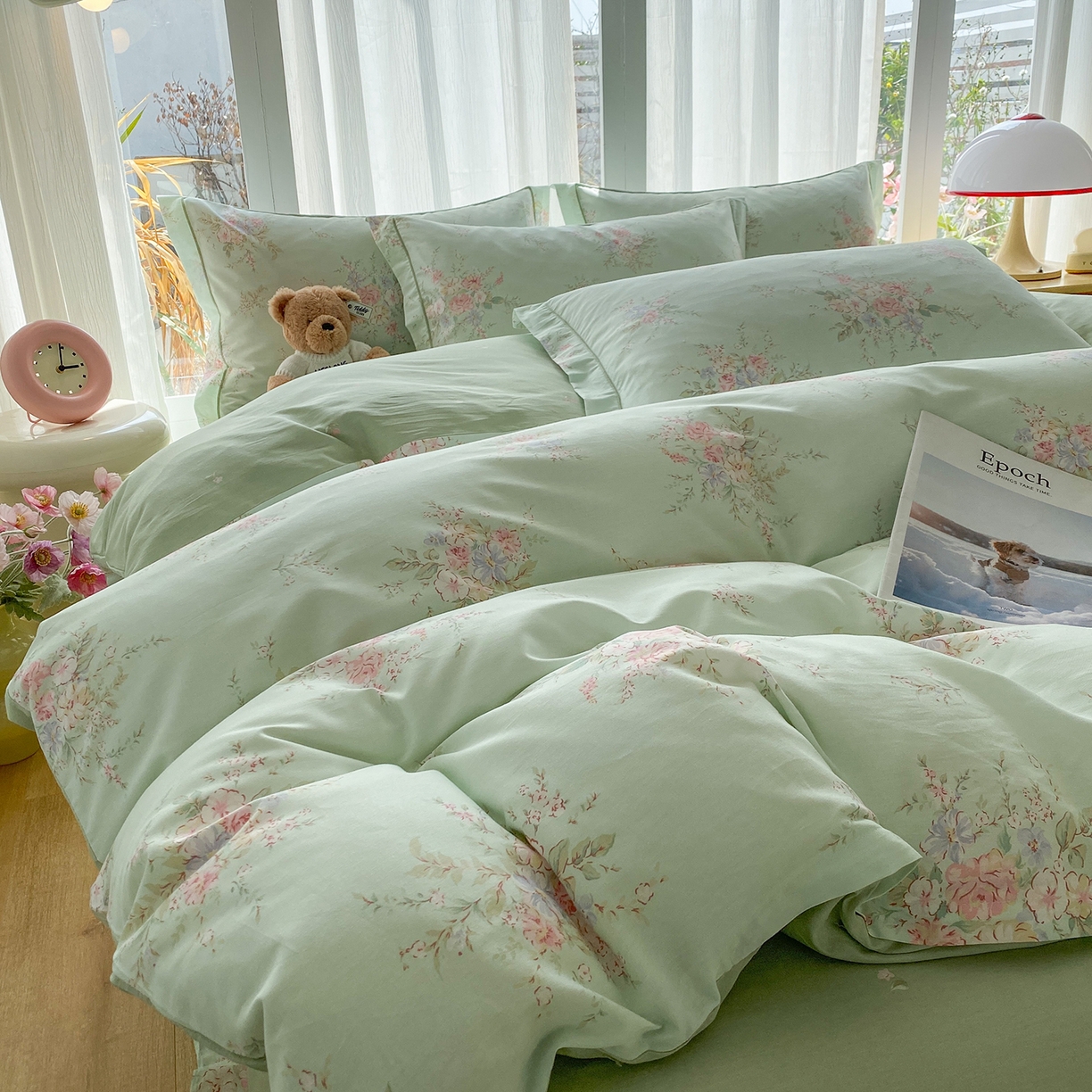 91家纺网 家纺一手货源 找家纺 钰锦铂2026新款直播爆款全棉四件套13070吊边床单一字绣印花纯棉三件套四件套 江南小调—绿