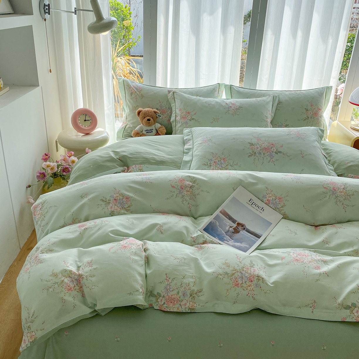 91家纺网 家纺一手货源 找家纺 钰锦铂2026新款直播爆款全棉四件套13070吊边床单一字绣印花纯棉三件套四件套 江南小调—绿