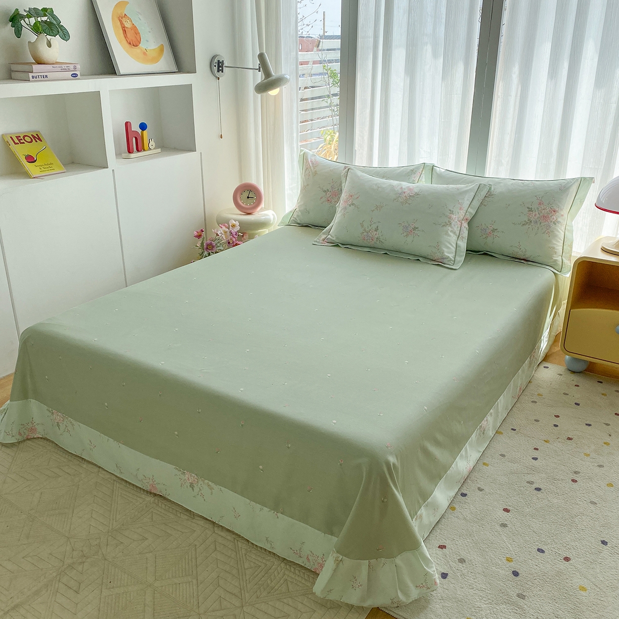 91家纺网 家纺一手货源 找家纺 钰锦铂2026新款直播爆款全棉四件套13070吊边床单一字绣印花纯棉三件套四件套 江南小调—绿