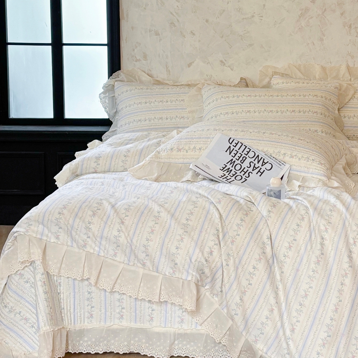 91家纺网 家纺一手货源 找家纺 满座家居 2026新款法式纯棉花边全棉床盖四件套小碎花田园风 知梦