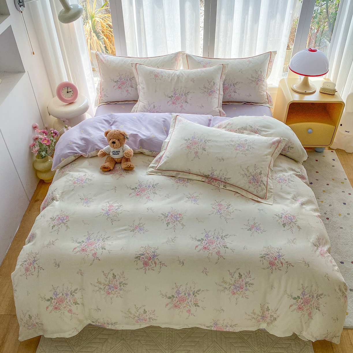 91家纺网 家纺一手货源 找家纺 钰锦铂2026新款直播爆款全棉四件套13070吊边床单一字绣印花纯棉三件套四件套 江南小调-米