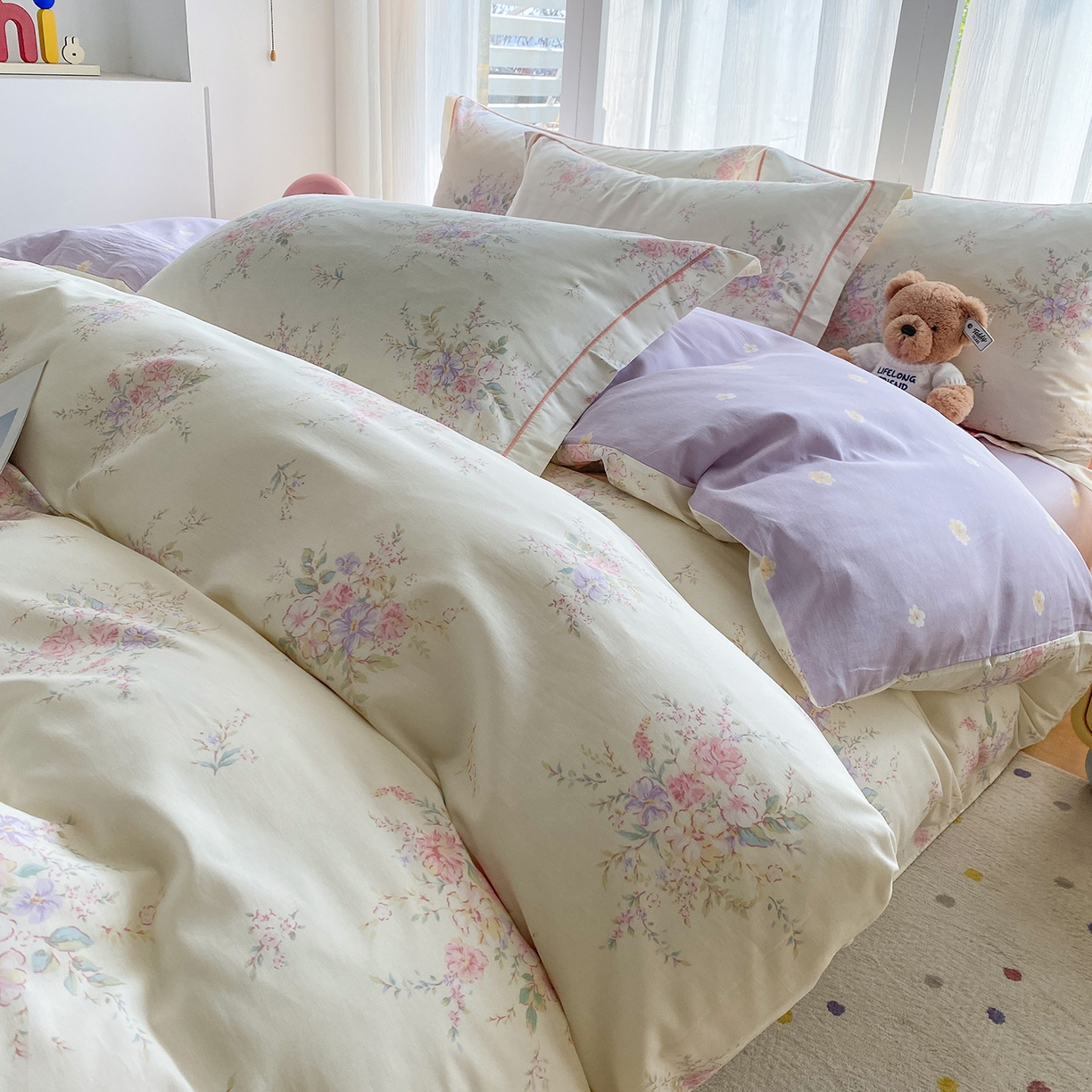 91家纺网 家纺一手货源 找家纺 钰锦铂2026新款直播爆款全棉四件套13070吊边床单一字绣印花纯棉三件套四件套 江南小调-米