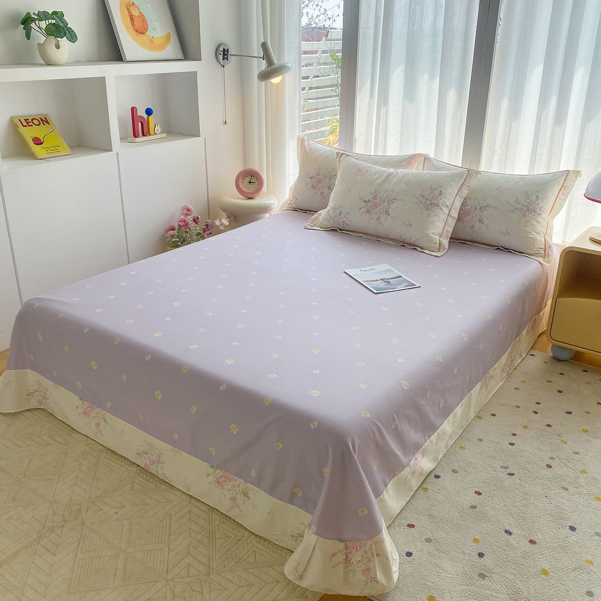 91家纺网 家纺一手货源 找家纺 钰锦铂2026新款直播爆款全棉四件套13070吊边床单一字绣印花纯棉三件套四件套 江南小调-米