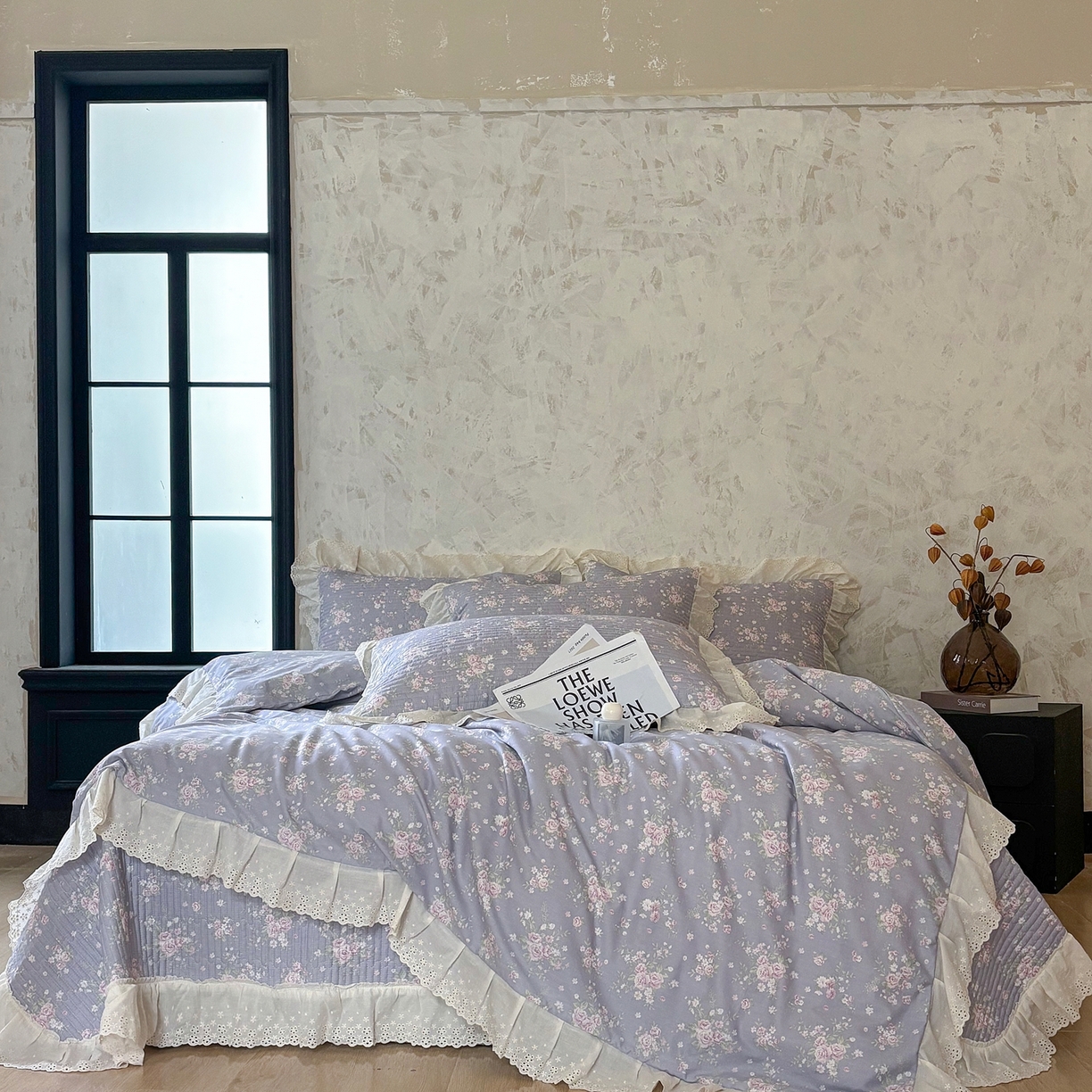 91家纺网 家纺一手货源 找家纺 满座家居 2026新款法式纯棉花边全棉床盖四件套小碎花田园风 紫韵