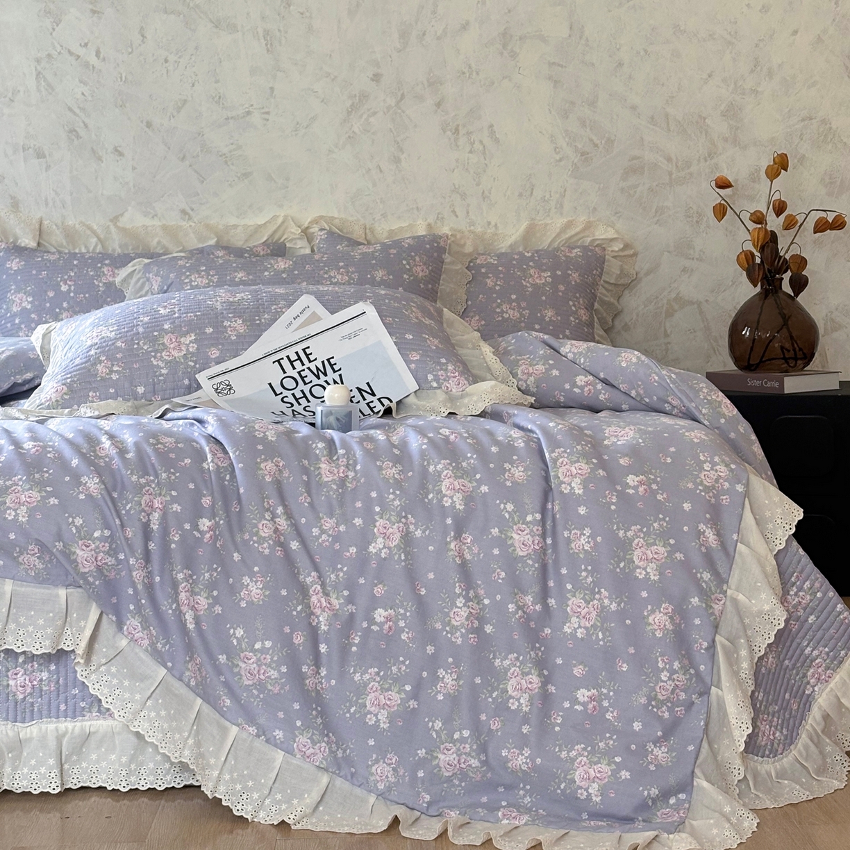 91家纺网 家纺一手货源 找家纺 满座家居 2026新款法式纯棉花边全棉床盖四件套小碎花田园风 紫韵