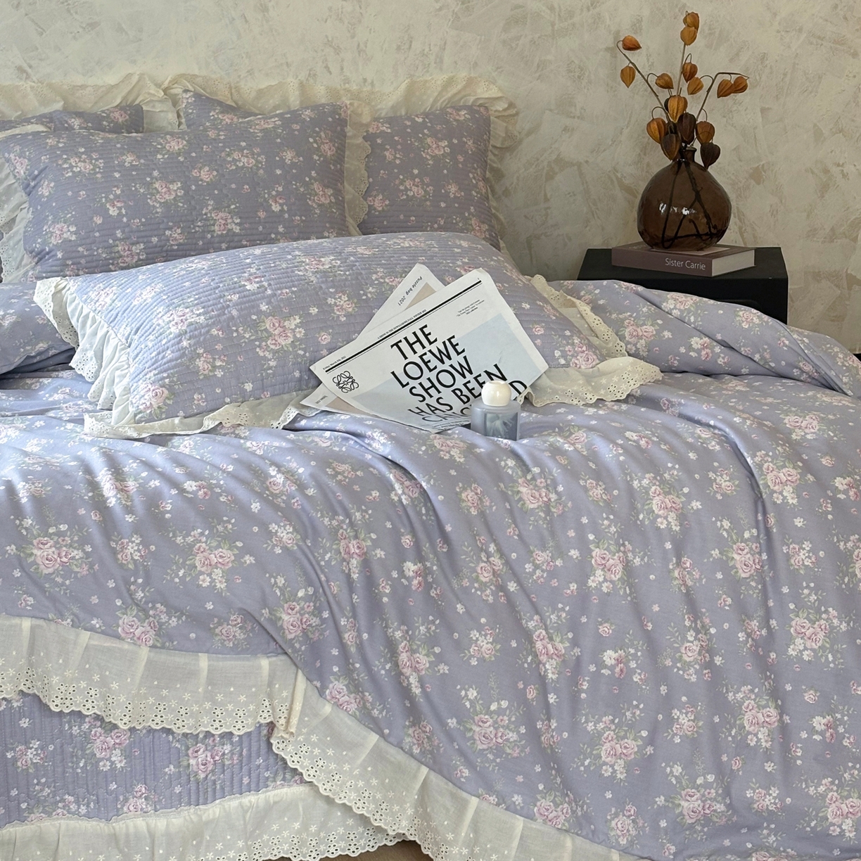 91家纺网 家纺一手货源 找家纺 满座家居 2026新款法式纯棉花边全棉床盖四件套小碎花田园风 紫韵