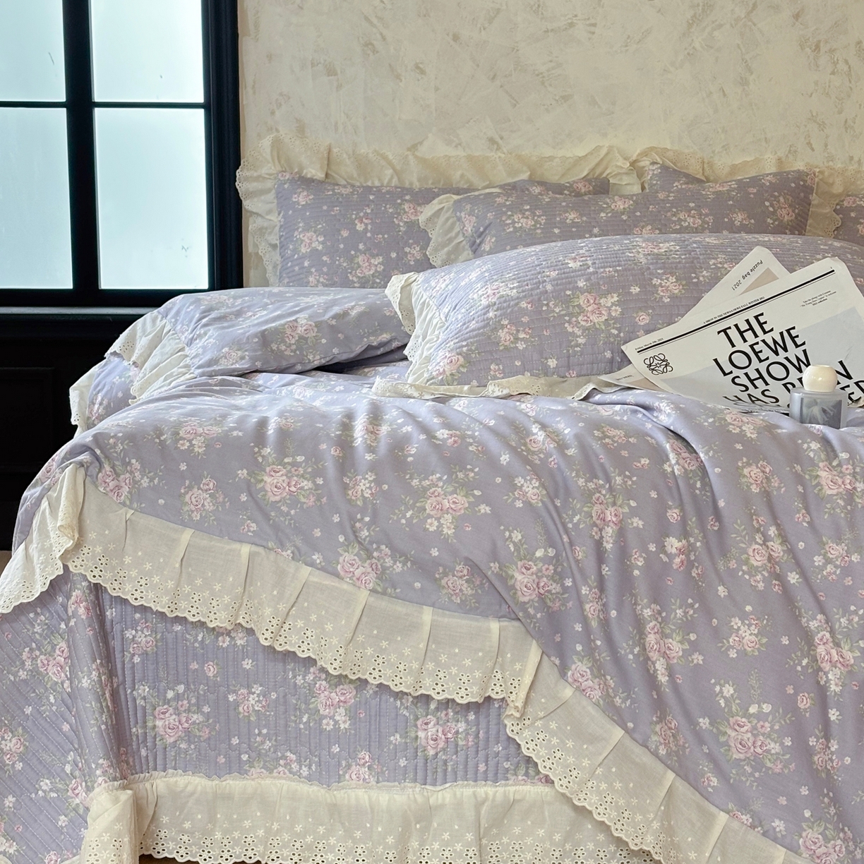 91家纺网 家纺一手货源 找家纺 满座家居 2026新款法式纯棉花边全棉床盖四件套小碎花田园风 紫韵