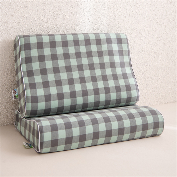 仁宇枕业 2026新款全棉色织水洗棉儿童乳胶枕中老年成人乳胶枕头枕芯 无印风乳胶枕-灰绿大格