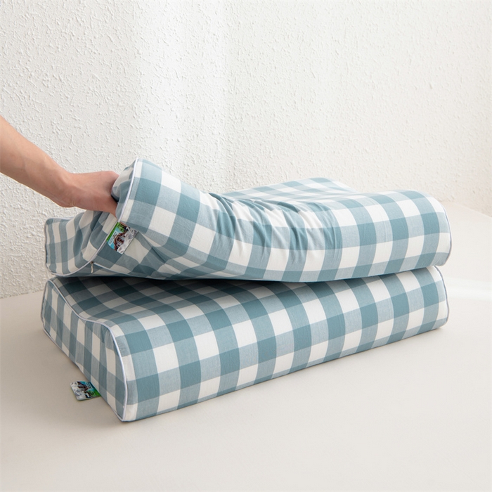 91家纺网 家纺一手货源 找家纺 仁宇枕业 2026新款全棉色织水洗棉儿童乳胶枕中老年成人乳胶枕头枕芯 无印风乳胶枕-蓝白大格