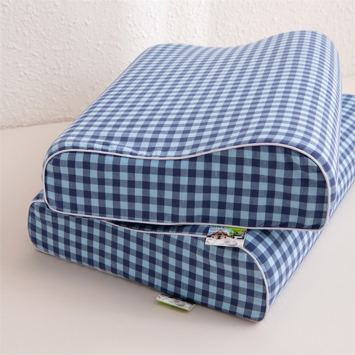 91家纺网 家纺一手货源 找家纺 仁宇枕业 2026新款全棉色织水洗棉儿童乳胶枕中老年成人乳胶枕头枕芯 无印风乳胶枕-蓝色小格