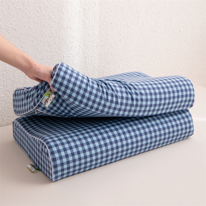 91家纺网 家纺一手货源 找家纺 仁宇枕业 2026新款全棉色织水洗棉儿童乳胶枕中老年成人乳胶枕头枕芯 无印风乳胶枕-蓝色小格