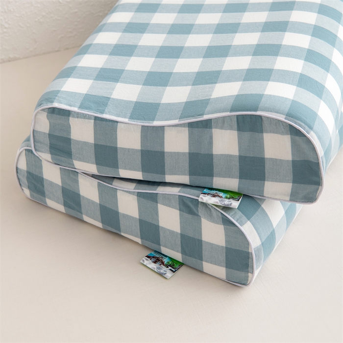 91家纺网 家纺一手货源 找家纺 仁宇枕业 2026新款全棉色织水洗棉儿童乳胶枕中老年成人乳胶枕头枕芯 无印风乳胶枕-蓝白大格