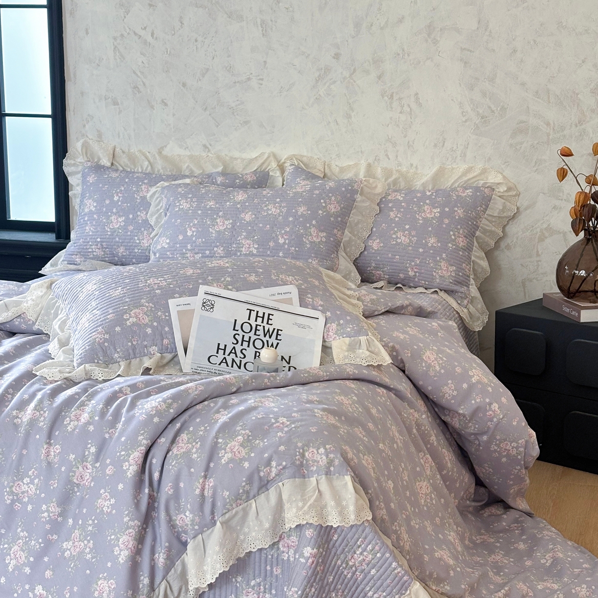 91家纺网 家纺一手货源 找家纺 满座家居 2026新款法式纯棉花边全棉床盖四件套小碎花田园风 紫韵