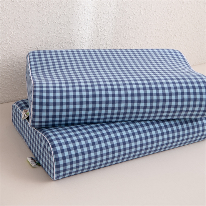 91家纺网 家纺一手货源 找家纺 仁宇枕业 2026新款全棉色织水洗棉儿童乳胶枕中老年成人乳胶枕头枕芯 无印风乳胶枕-蓝色小格