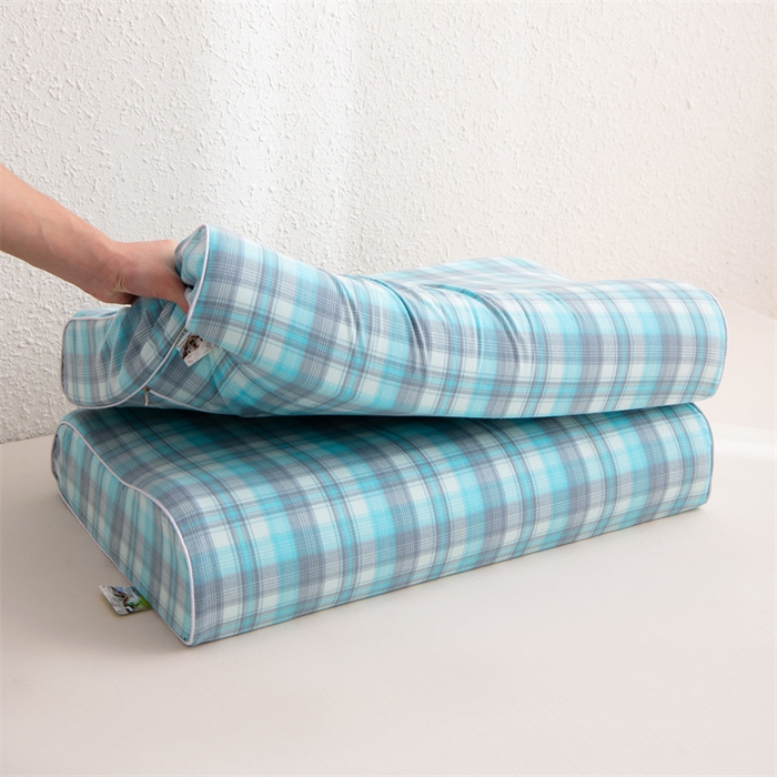 91家纺网 家纺一手货源 找家纺 仁宇枕业 2026新款全棉色织水洗棉儿童乳胶枕中老年成人乳胶枕头枕芯 无印风乳胶枕-蓝灰大格