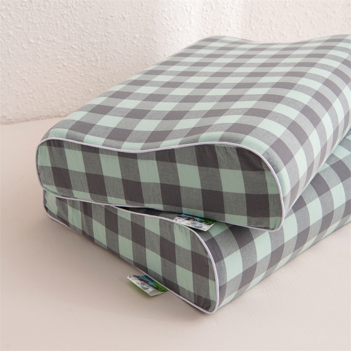 91家纺网 家纺一手货源 找家纺 仁宇枕业 2026新款全棉色织水洗棉儿童乳胶枕中老年成人乳胶枕头枕芯 无印风乳胶枕-灰绿大格