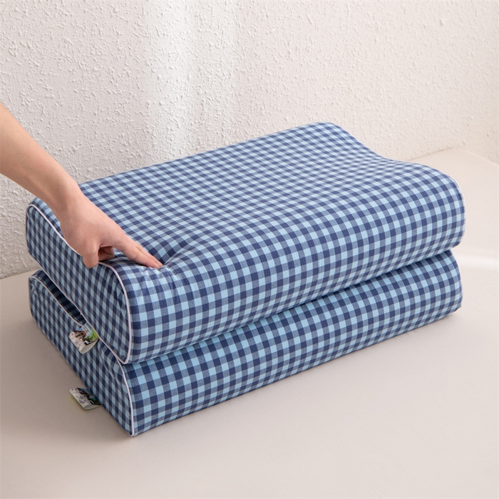 91家纺网 家纺一手货源 找家纺 仁宇枕业 2026新款全棉色织水洗棉儿童乳胶枕中老年成人乳胶枕头枕芯 无印风乳胶枕-蓝色小格