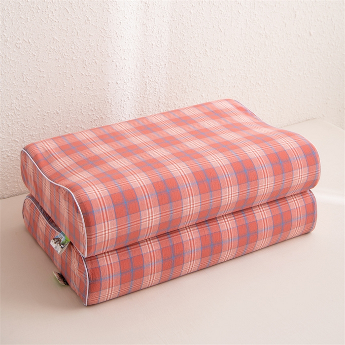 91家纺网 家纺一手货源 找家纺 仁宇枕业 2026新款全棉色织水洗棉儿童乳胶枕中老年成人乳胶枕头枕芯 无印风乳胶枕-红粉大格