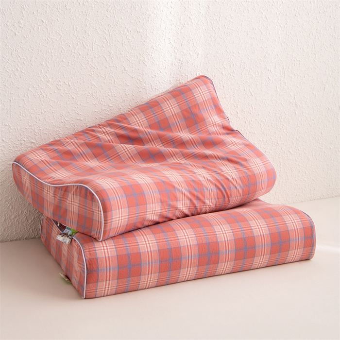 91家纺网 家纺一手货源 找家纺 仁宇枕业 2026新款全棉色织水洗棉儿童乳胶枕中老年成人乳胶枕头枕芯 无印风乳胶枕-红粉大格