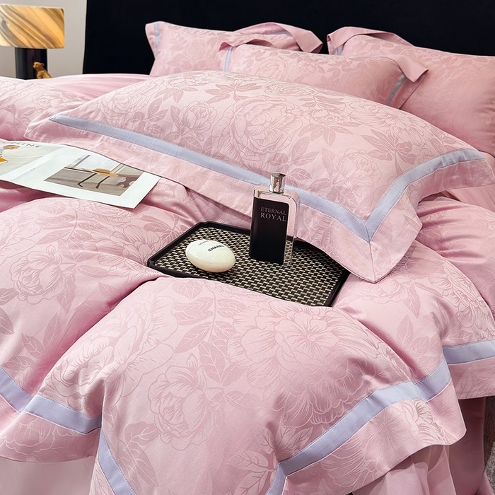 91家纺网 家纺一手货源 找家纺 60支花开富贵长绒棉丝光全棉提花四件套 花开富贵-豆沙撞色