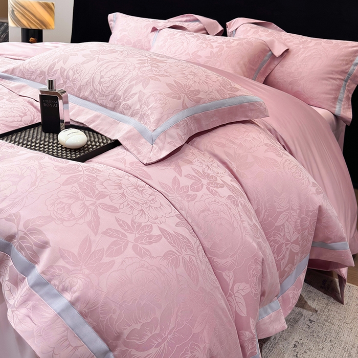 91家纺网 家纺一手货源 找家纺 60支花开富贵长绒棉丝光全棉提花四件套 花开富贵-豆沙撞色