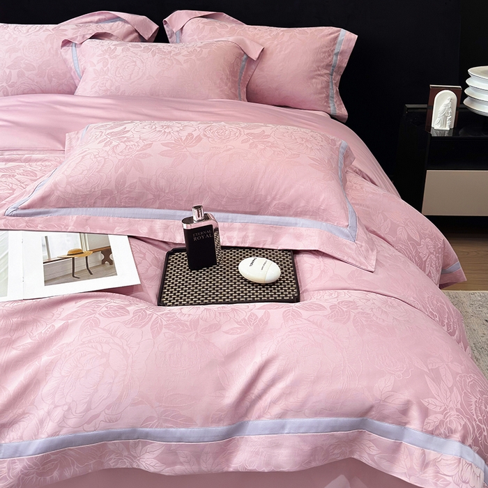 91家纺网 家纺一手货源 找家纺 60支花开富贵长绒棉丝光全棉提花四件套 花开富贵-豆沙撞色