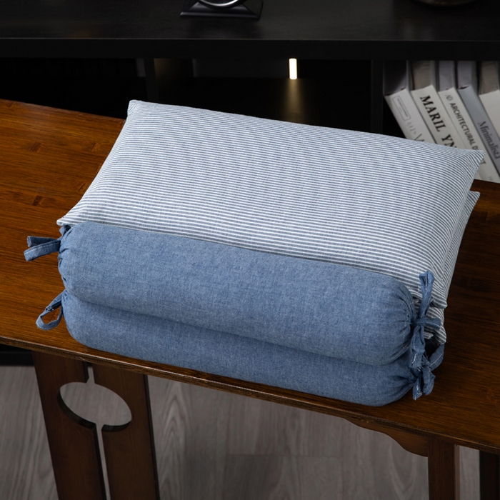 91家纺网 家纺一手货源 找家纺 仁宇枕业 2026新款全棉水洗棉二合一可拆分全棉荞麦壳组合牵引枕枕头枕芯 无印条纹风组合系列荞麦枕-蓝色