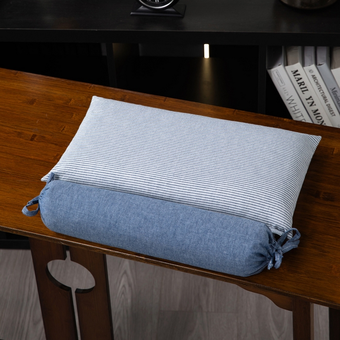 91家纺网 家纺一手货源 找家纺 仁宇枕业 2026新款全棉水洗棉二合一可拆分全棉荞麦壳组合牵引枕枕头枕芯 无印条纹风组合系列荞麦枕-蓝色