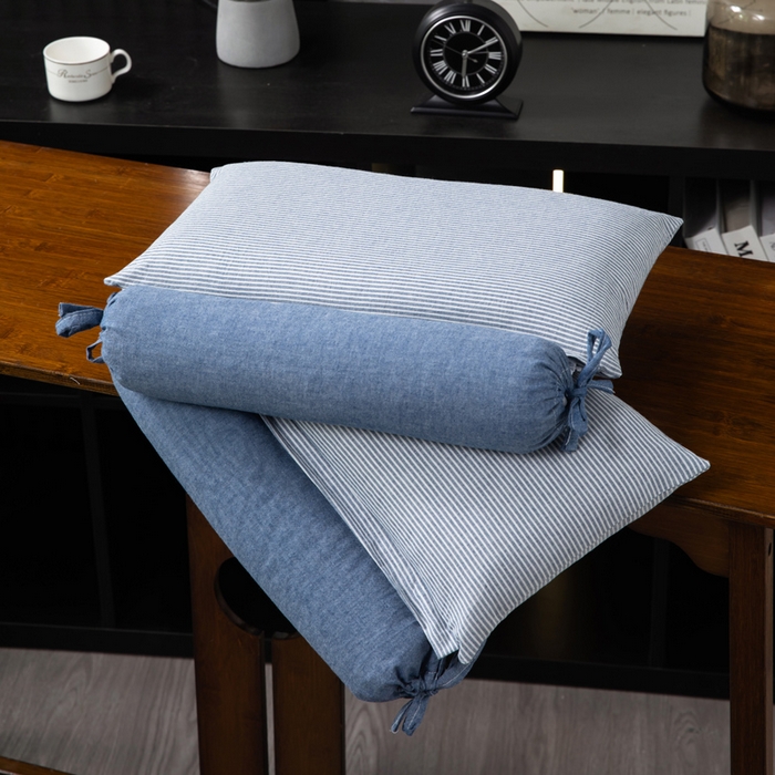 91家纺网 家纺一手货源 找家纺 仁宇枕业 2026新款全棉水洗棉二合一可拆分全棉荞麦壳组合牵引枕枕头枕芯 无印条纹风组合系列荞麦枕-蓝色