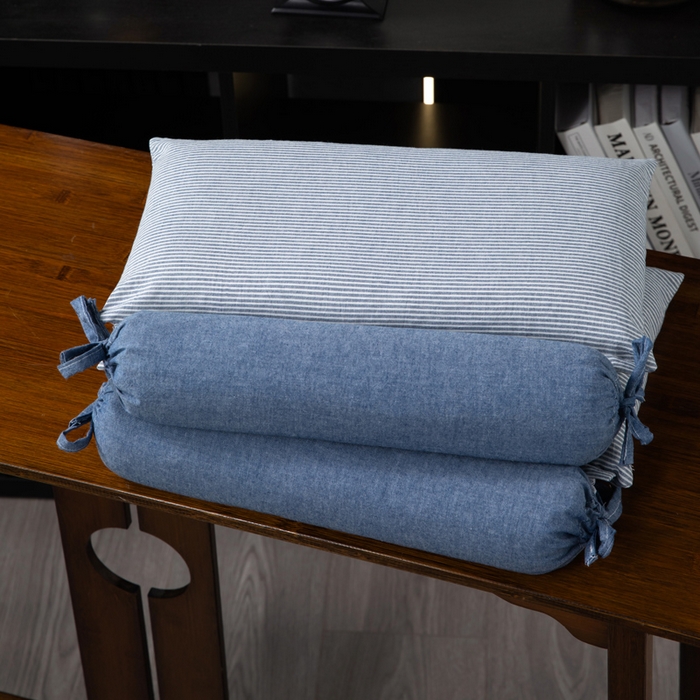 仁宇枕业 2026新款全棉水洗棉二合一可拆分全棉荞麦壳组合牵引枕枕头枕芯 无印条纹风组合系列荞麦枕-蓝色