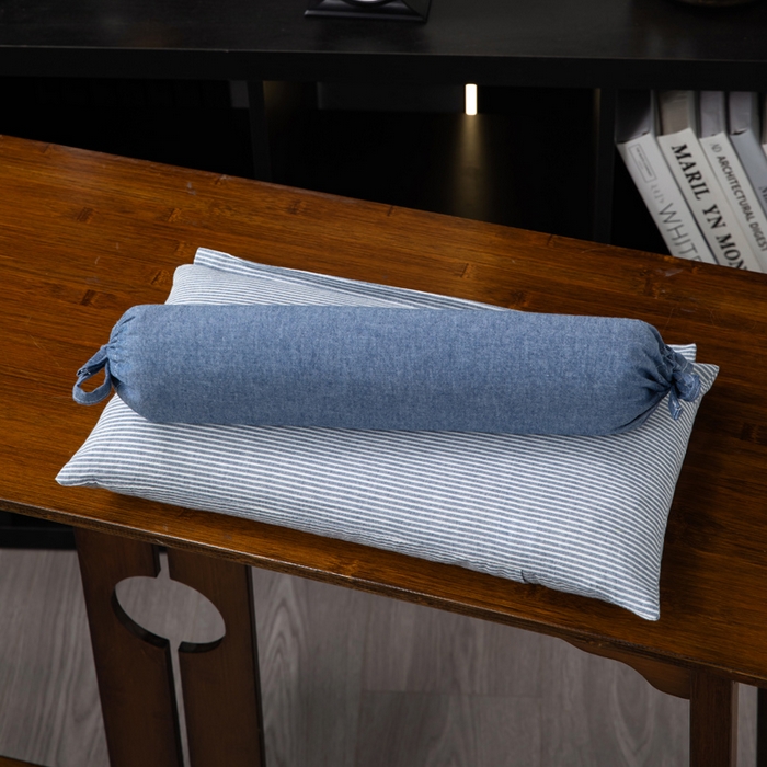 91家纺网 家纺一手货源 找家纺 仁宇枕业 2026新款全棉水洗棉二合一可拆分全棉荞麦壳组合牵引枕枕头枕芯 无印条纹风组合系列荞麦枕-蓝色