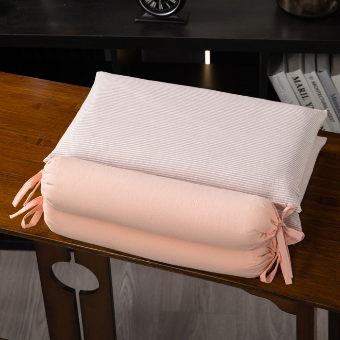 91家纺网 家纺一手货源 找家纺 仁宇枕业 2026新款全棉水洗棉二合一可拆分全棉荞麦壳组合牵引枕枕头枕芯 无印条纹风组合系列荞麦枕-粉色