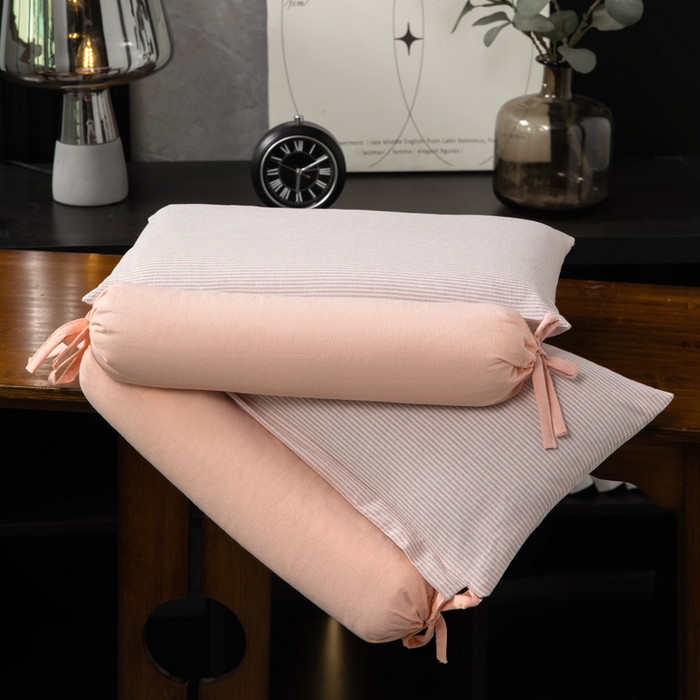 91家纺网 家纺一手货源 找家纺 仁宇枕业 2026新款全棉水洗棉二合一可拆分全棉荞麦壳组合牵引枕枕头枕芯 无印条纹风组合系列荞麦枕-粉色