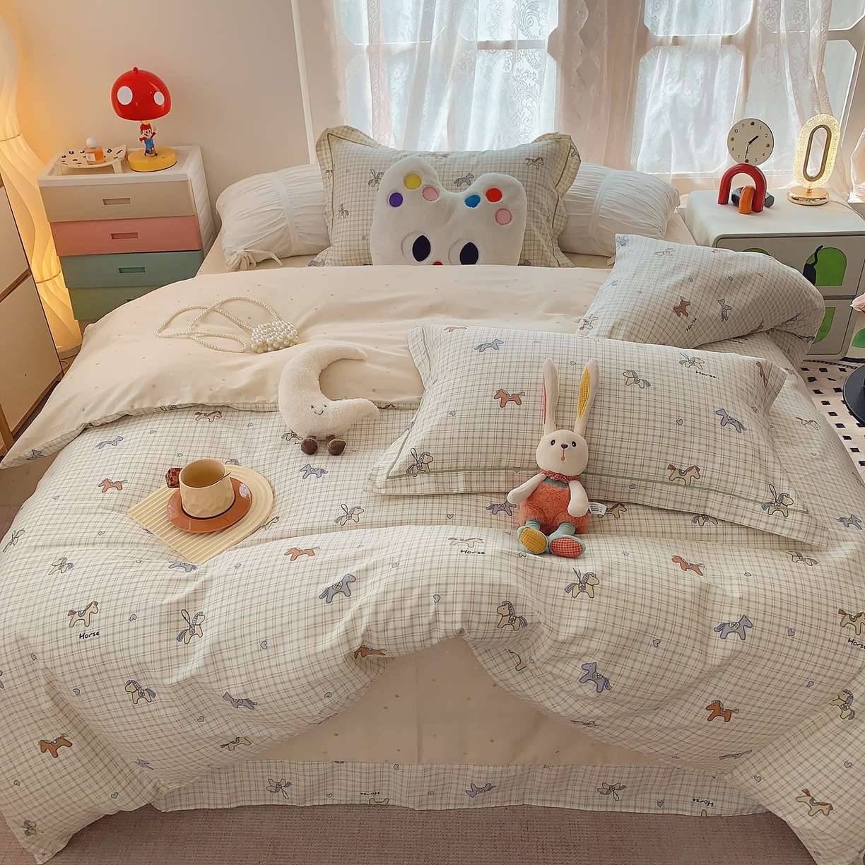 91家纺网 家纺一手货源 找家纺 奈萝家纺 2025新款全棉纯棉小清新印花四件套-第二波 快乐小马