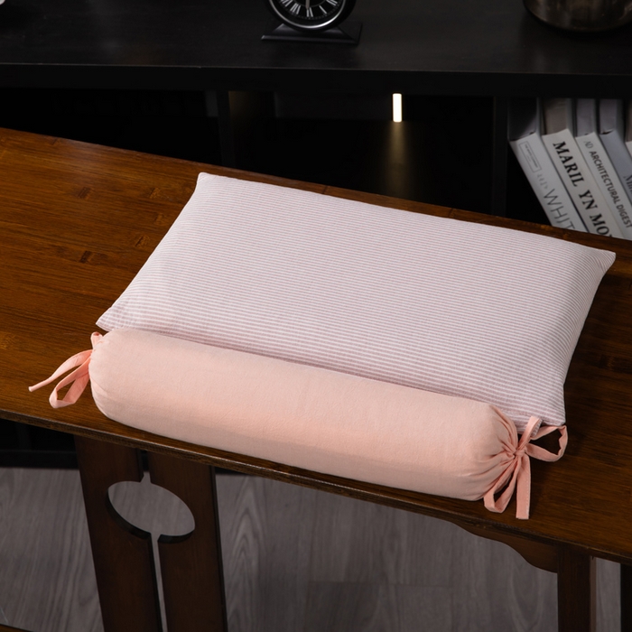 91家纺网 家纺一手货源 找家纺 仁宇枕业 2026新款全棉水洗棉二合一可拆分全棉荞麦壳组合牵引枕枕头枕芯 无印条纹风组合系列荞麦枕-粉色