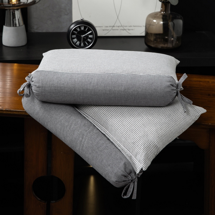 91家纺网 家纺一手货源 找家纺 仁宇枕业 2026新款全棉水洗棉二合一可拆分全棉荞麦壳组合牵引枕枕头枕芯 无印条纹风组合系列荞麦枕-灰色