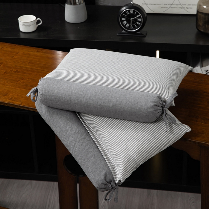 91家纺网 家纺一手货源 找家纺 仁宇枕业 2026新款全棉水洗棉二合一可拆分全棉荞麦壳组合牵引枕枕头枕芯 无印条纹风组合系列荞麦枕-灰色