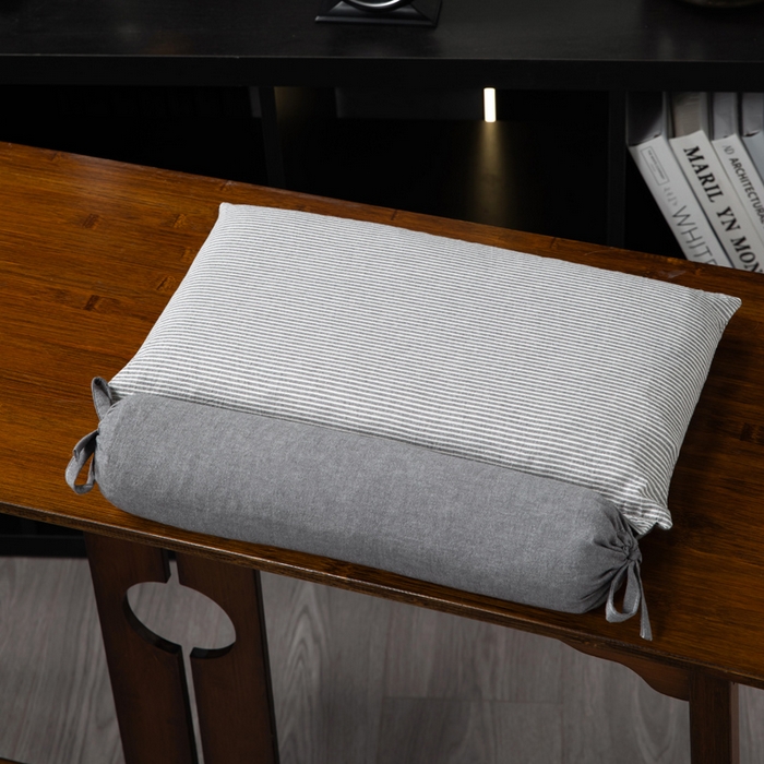 91家纺网 家纺一手货源 找家纺 仁宇枕业 2026新款全棉水洗棉二合一可拆分全棉荞麦壳组合牵引枕枕头枕芯 无印条纹风组合系列荞麦枕-灰色