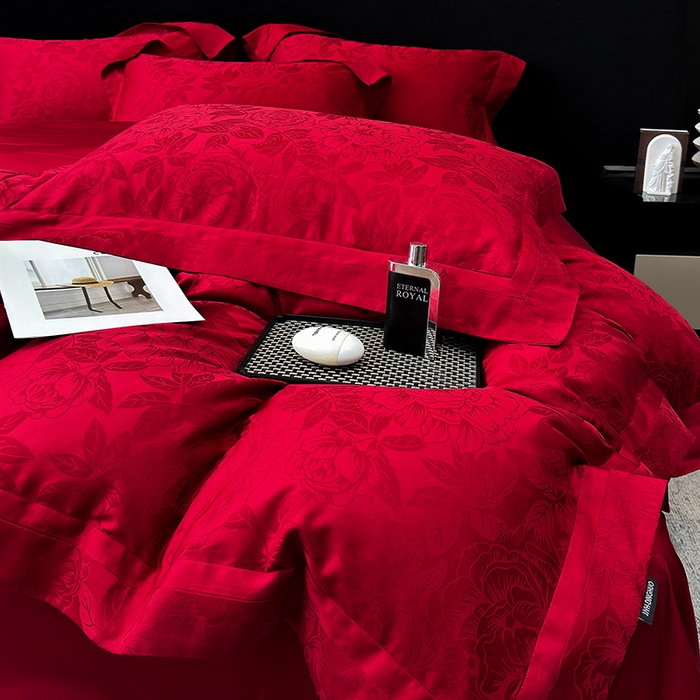 91家纺网 家纺一手货源 找家纺 60支花开富贵长绒棉丝光全棉提花四件套 花开富贵-玫瑰红