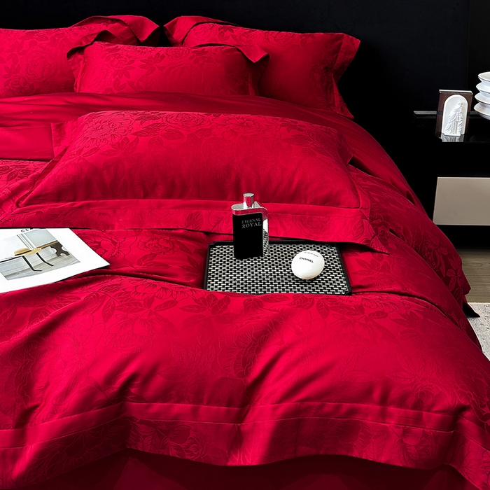 91家纺网 家纺一手货源 找家纺 60支花开富贵长绒棉丝光全棉提花四件套 花开富贵-玫瑰红