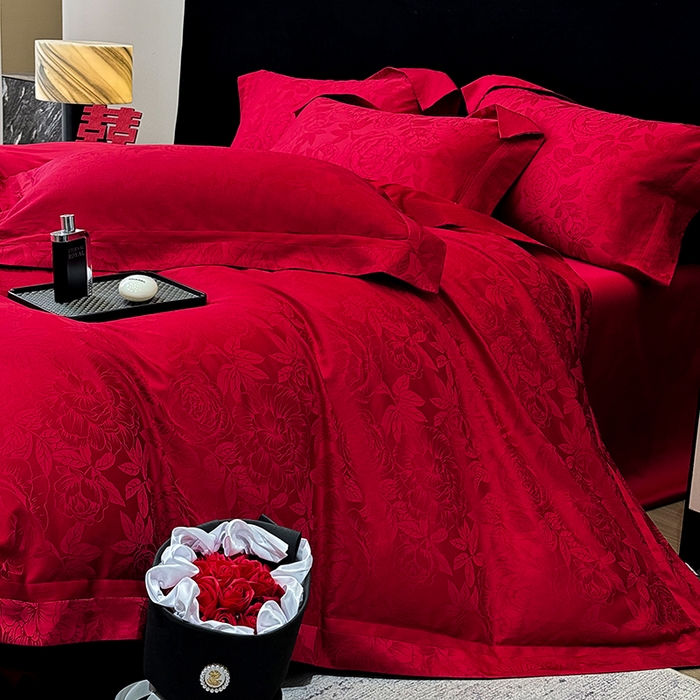 91家纺网 家纺一手货源 找家纺 60支花开富贵长绒棉丝光全棉提花四件套 花开富贵-玫瑰红