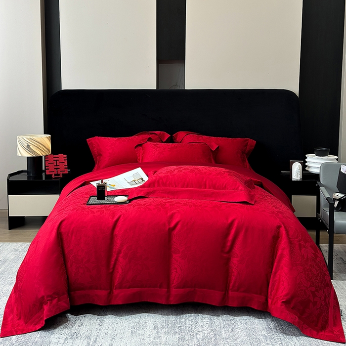 60支花开富贵长绒棉丝光全棉提花四件套 花开富贵-玫瑰红