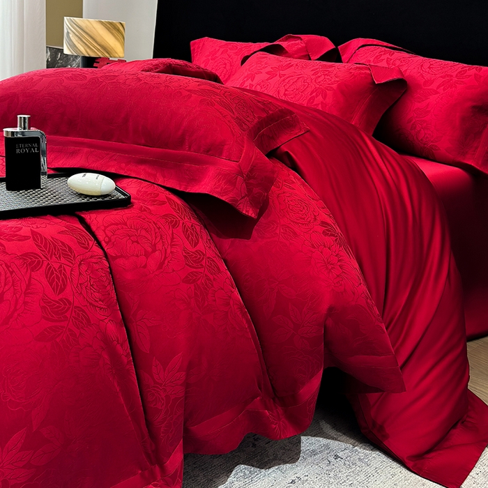 91家纺网 家纺一手货源 找家纺 60支花开富贵长绒棉丝光全棉提花四件套 花开富贵-玫瑰红