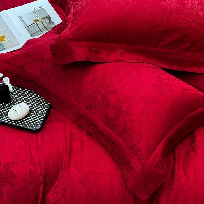91家纺网 家纺一手货源 找家纺 60支花开富贵长绒棉丝光全棉提花四件套 花开富贵-玫瑰红