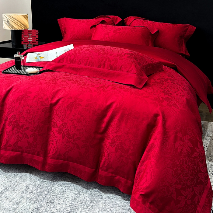91家纺网 家纺一手货源 找家纺 60支花开富贵长绒棉丝光全棉提花四件套 花开富贵-玫瑰红