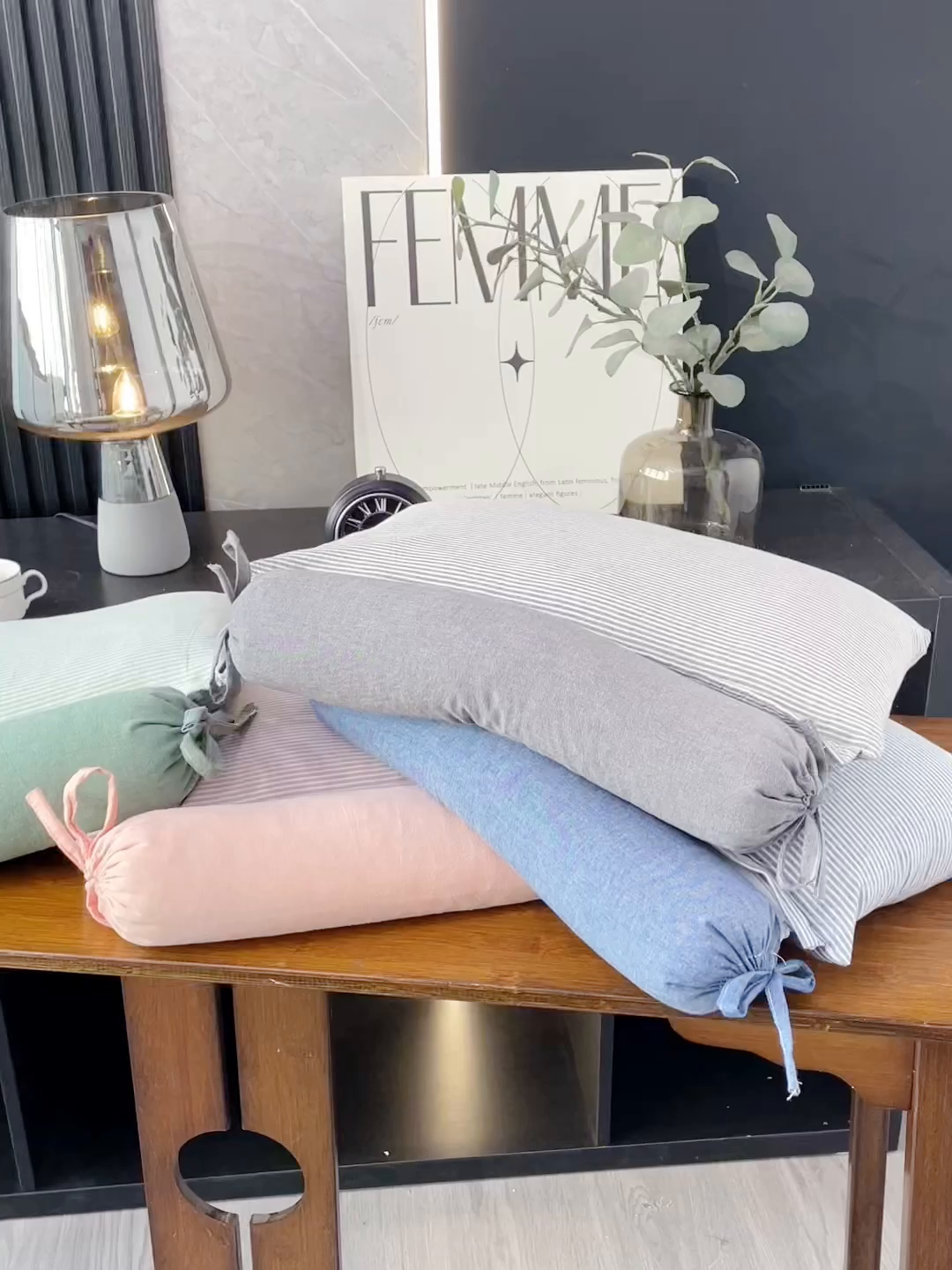 91家纺网 家纺一手货源 找家纺 仁宇枕业 2026新款全棉水洗棉二合一可拆分全棉荞麦壳组合牵引枕枕头枕芯 无印条纹风组合系列荞麦枕-蓝色