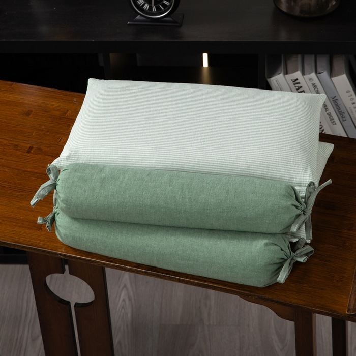 仁宇枕业 2026新款全棉水洗棉二合一可拆分全棉荞麦壳组合牵引枕枕头枕芯 无印条纹风组合系列荞麦枕-绿色