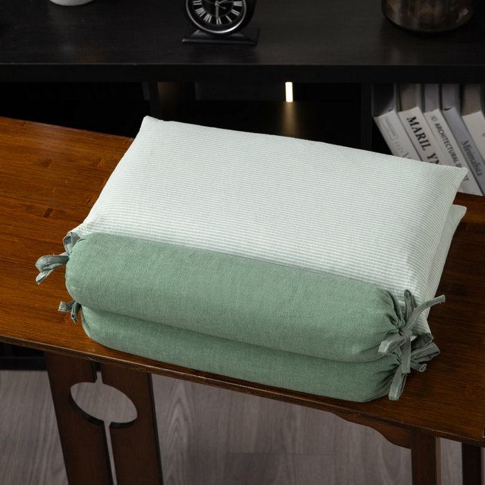 91家纺网 家纺一手货源 找家纺 仁宇枕业 2026新款全棉水洗棉二合一可拆分全棉荞麦壳组合牵引枕枕头枕芯 无印条纹风组合系列荞麦枕-绿色